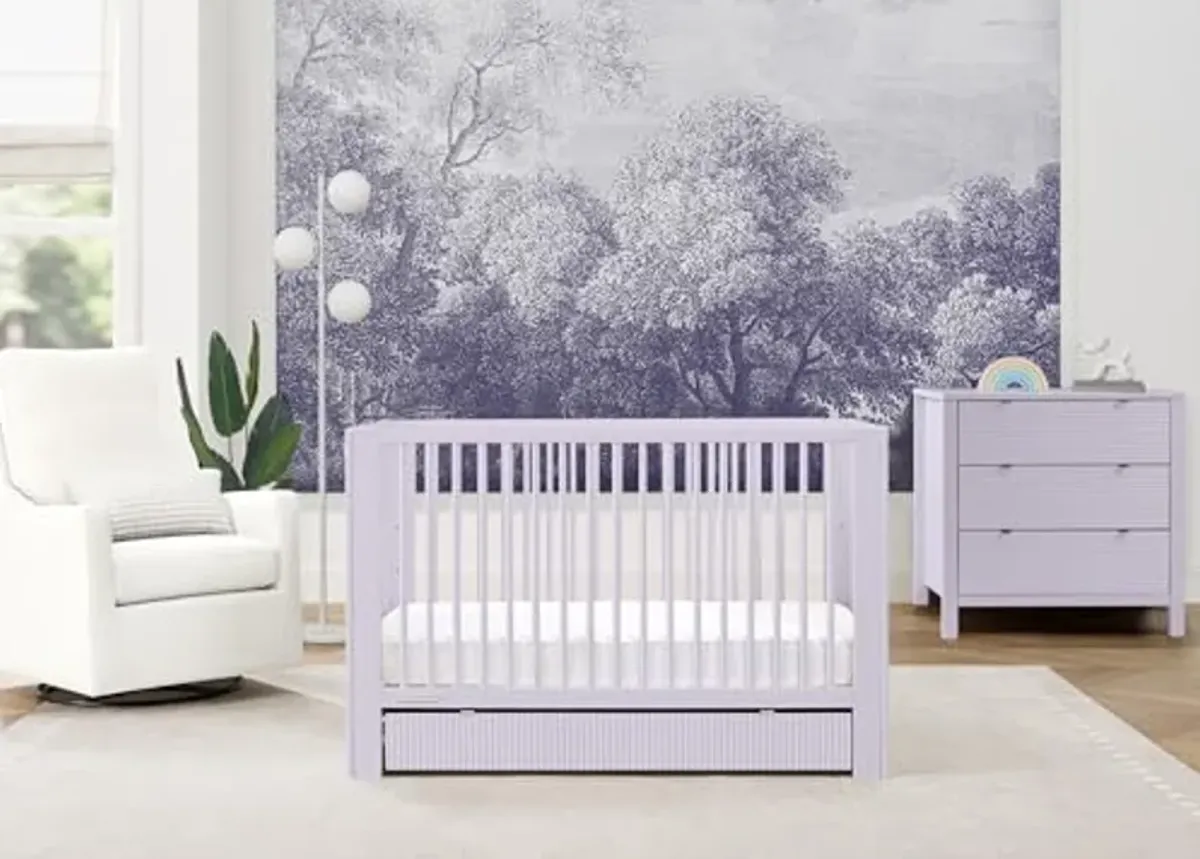 Delta Children Cassie 4-in-1 Convertible Crib with Underdrawer, Lilac + Simmons Kids Silver Nights Dual Sided 2-Stage Baby Crib Mattress (Bundle)