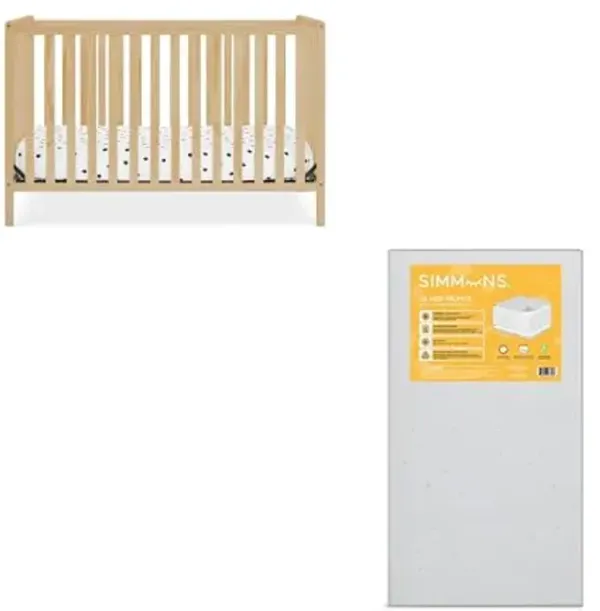 Delta Children Heartland 4-in-1 Convertible Crib, Natural + Twinkle Galaxy Crib and Toddler Mattress (Bundle)