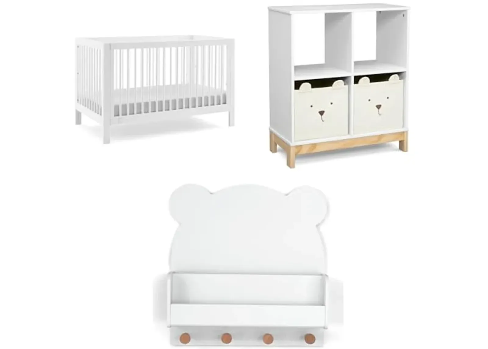 Delta Children babyGap Charlie 6-in-1 Convertible Crib + Brannan Bear Bookcase with Bins + Brannan Bear Wall Shelf with 4 Hooks, Bianca White (Bundle)