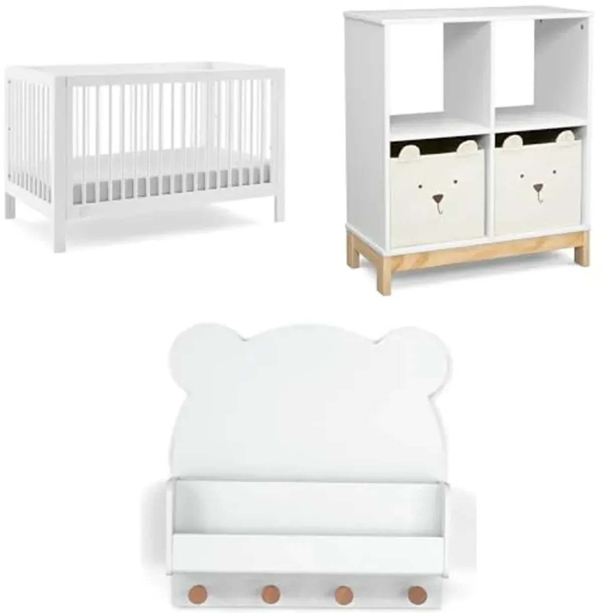 Delta Children babyGap Charlie 6-in-1 Convertible Crib + Brannan Bear Bookcase with Bins + Brannan Bear Wall Shelf with 4 Hooks, Bianca White (Bundle)