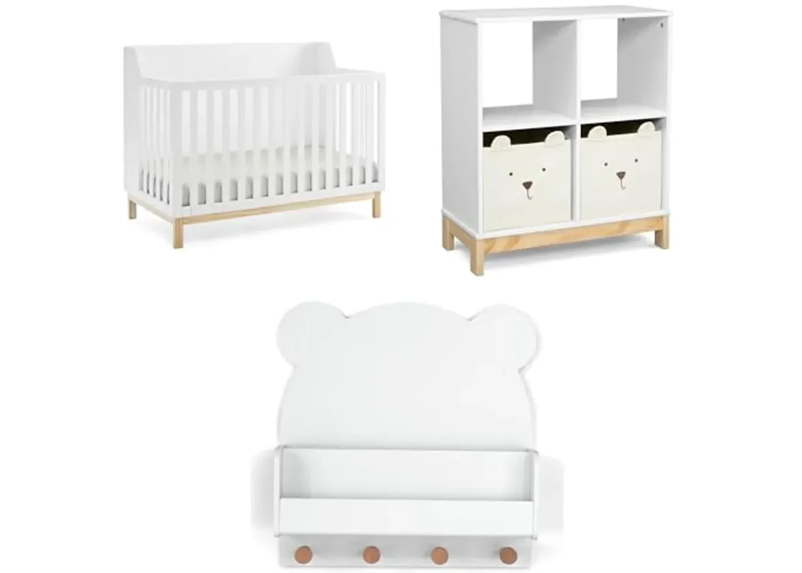 Delta Children babyGap Oxford 6-in-1 Convertible Crib + Brannan Bear Bookcase with Bins + Brannan Bear Wall Shelf with 4 Hooks, Bianca White/Natural (Bundle)