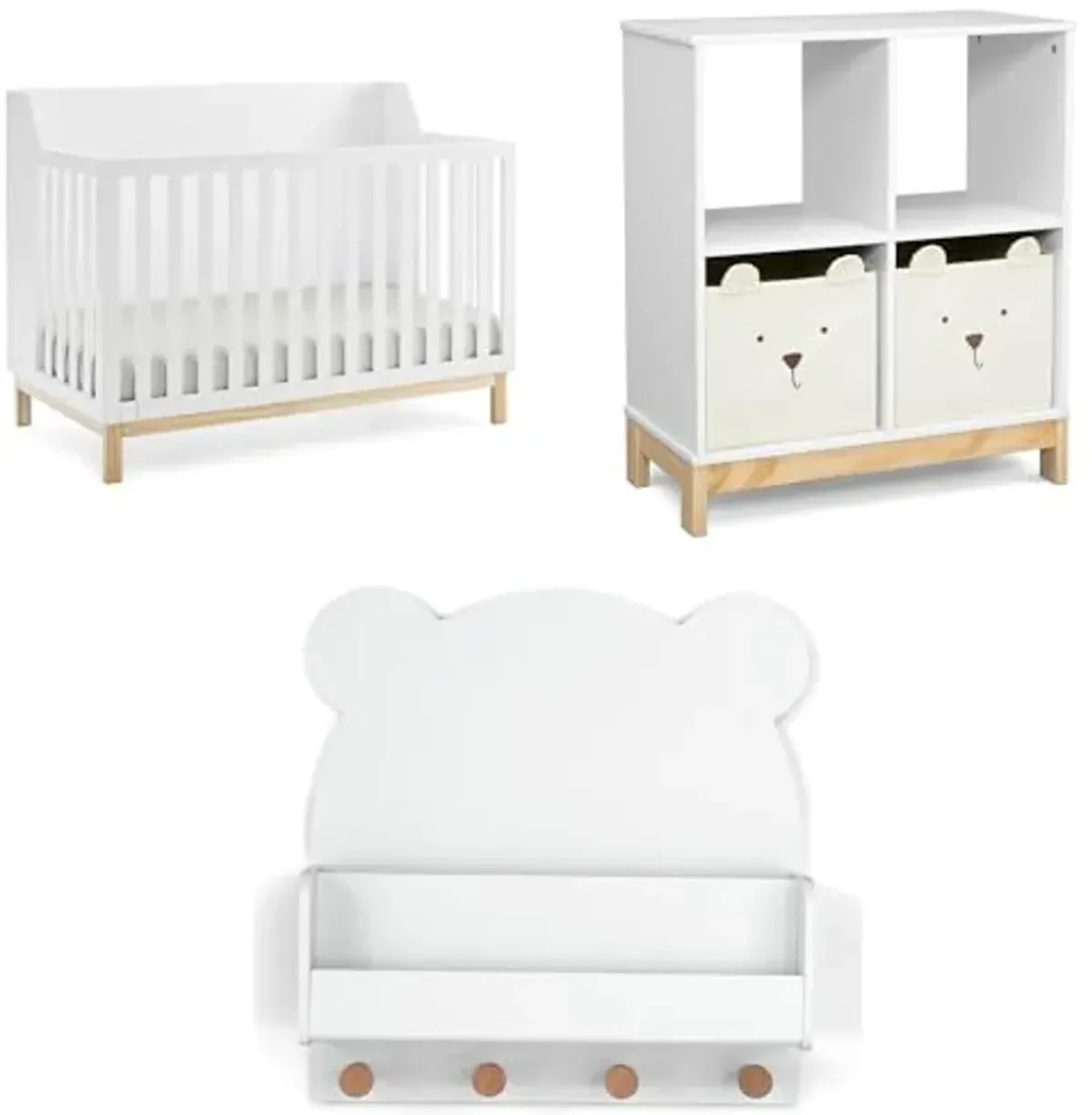 Delta Children babyGap Oxford 6-in-1 Convertible Crib + Brannan Bear Bookcase with Bins + Brannan Bear Wall Shelf with 4 Hooks, Bianca White/Natural (Bundle)