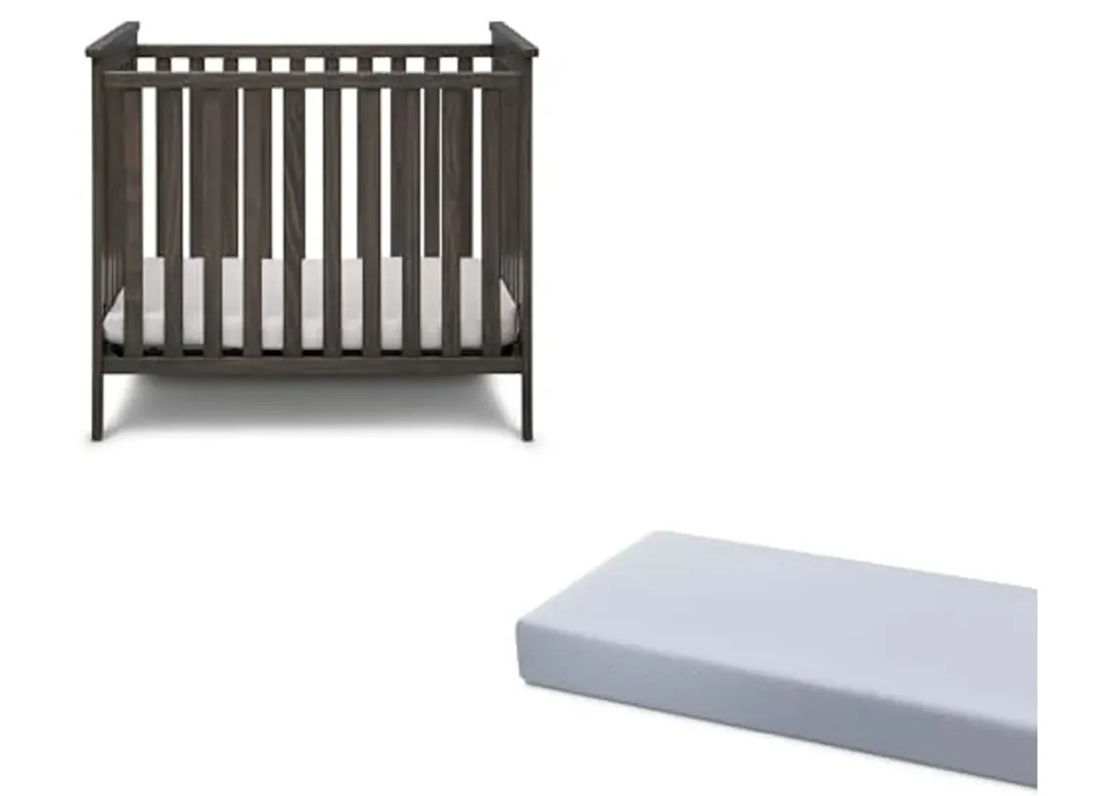 Simmons Kids Monterey Mini Crib, Rustic Gray + Quiet Nights Breathable 4-inch Mini Crib Mattress with Removable/Machine Washable Cover (Bundle)