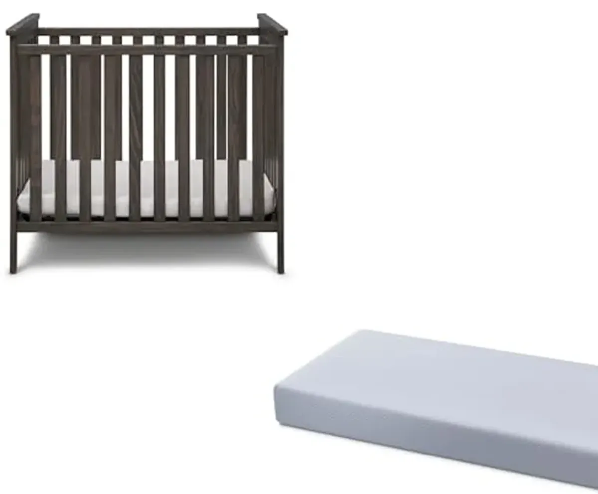 Simmons Kids Monterey Mini Crib, Rustic Gray + Quiet Nights Breathable 4-inch Mini Crib Mattress with Removable/Machine Washable Cover (Bundle)