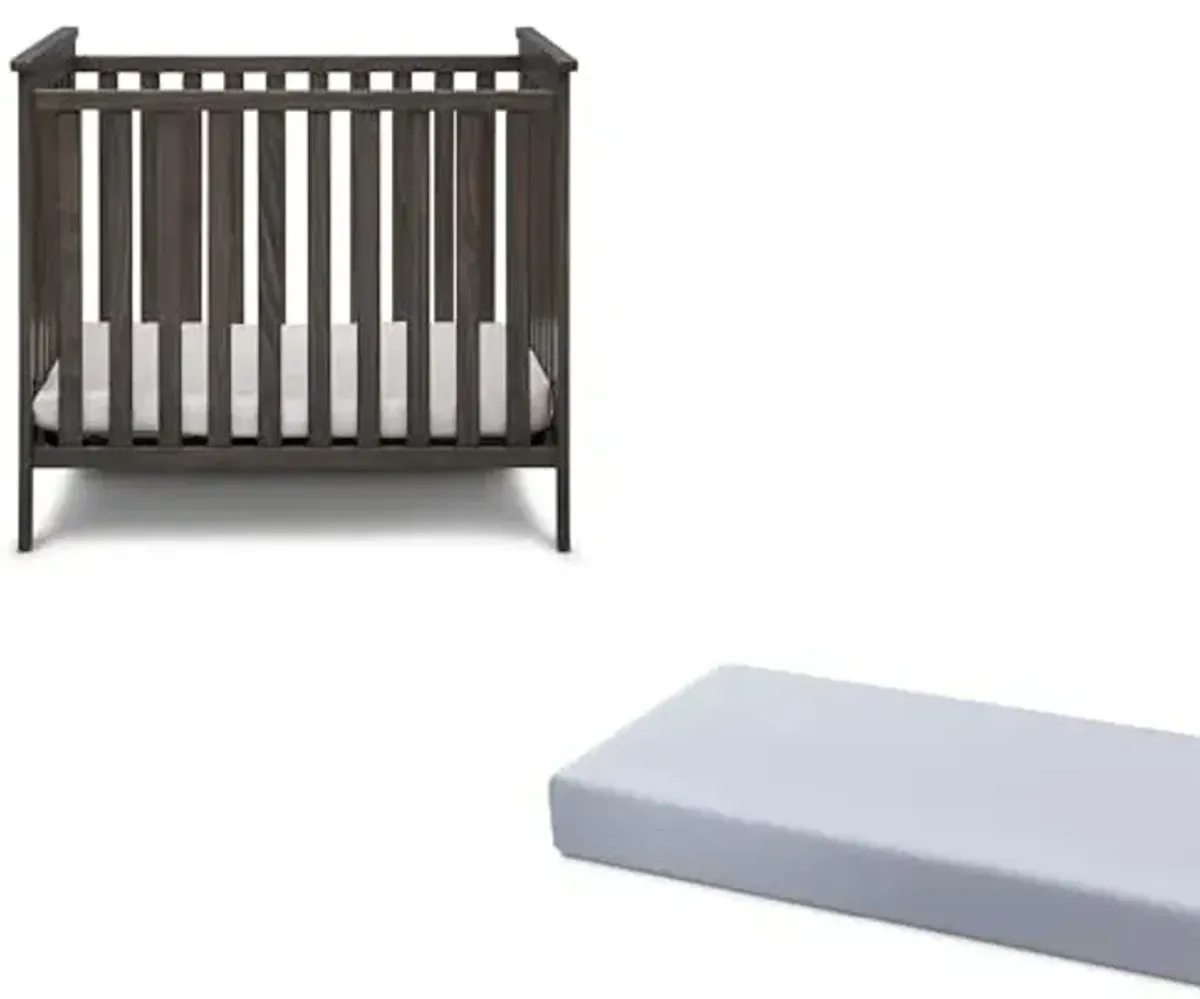 Simmons Kids Monterey Mini Crib, Rustic Gray + Quiet Nights Breathable 4-inch Mini Crib Mattress with Removable/Machine Washable Cover (Bundle)