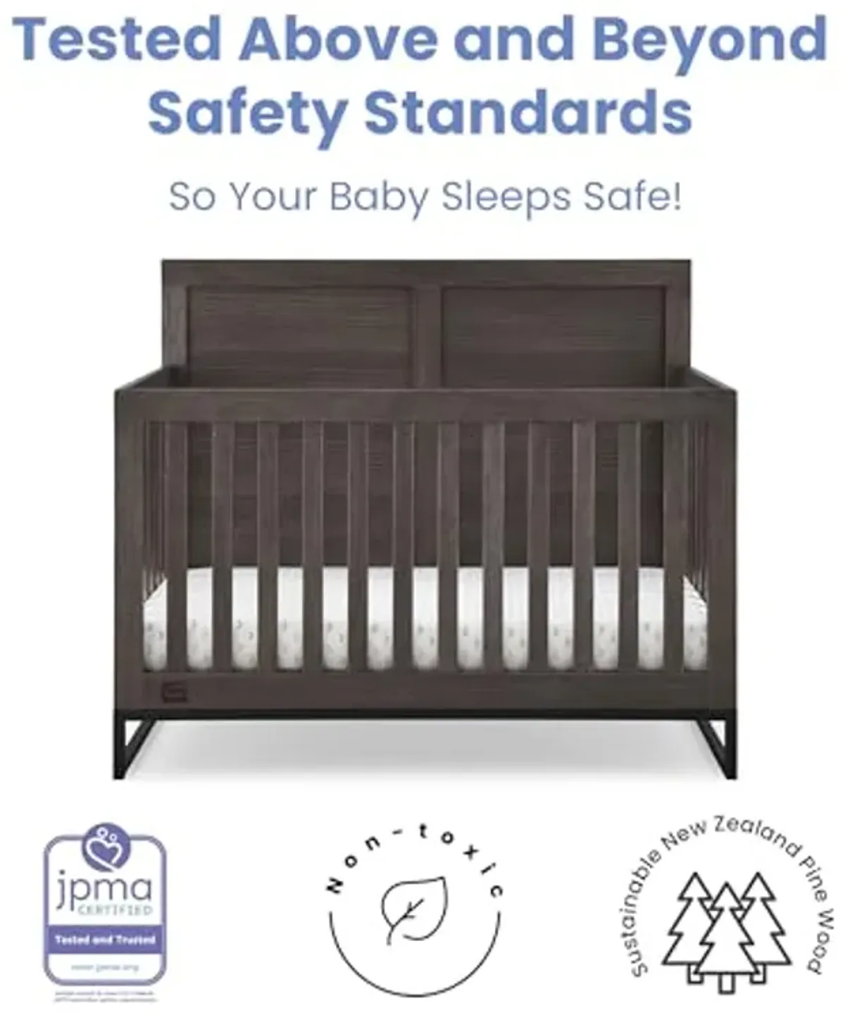 Simmons Kids Foundry 6-in-1 Convertible Baby Crib, Rustic Grey with Matte Black + Quiet Nights Breathable Crib Mattress with Removable/Machine Washable Cover (Bundle)