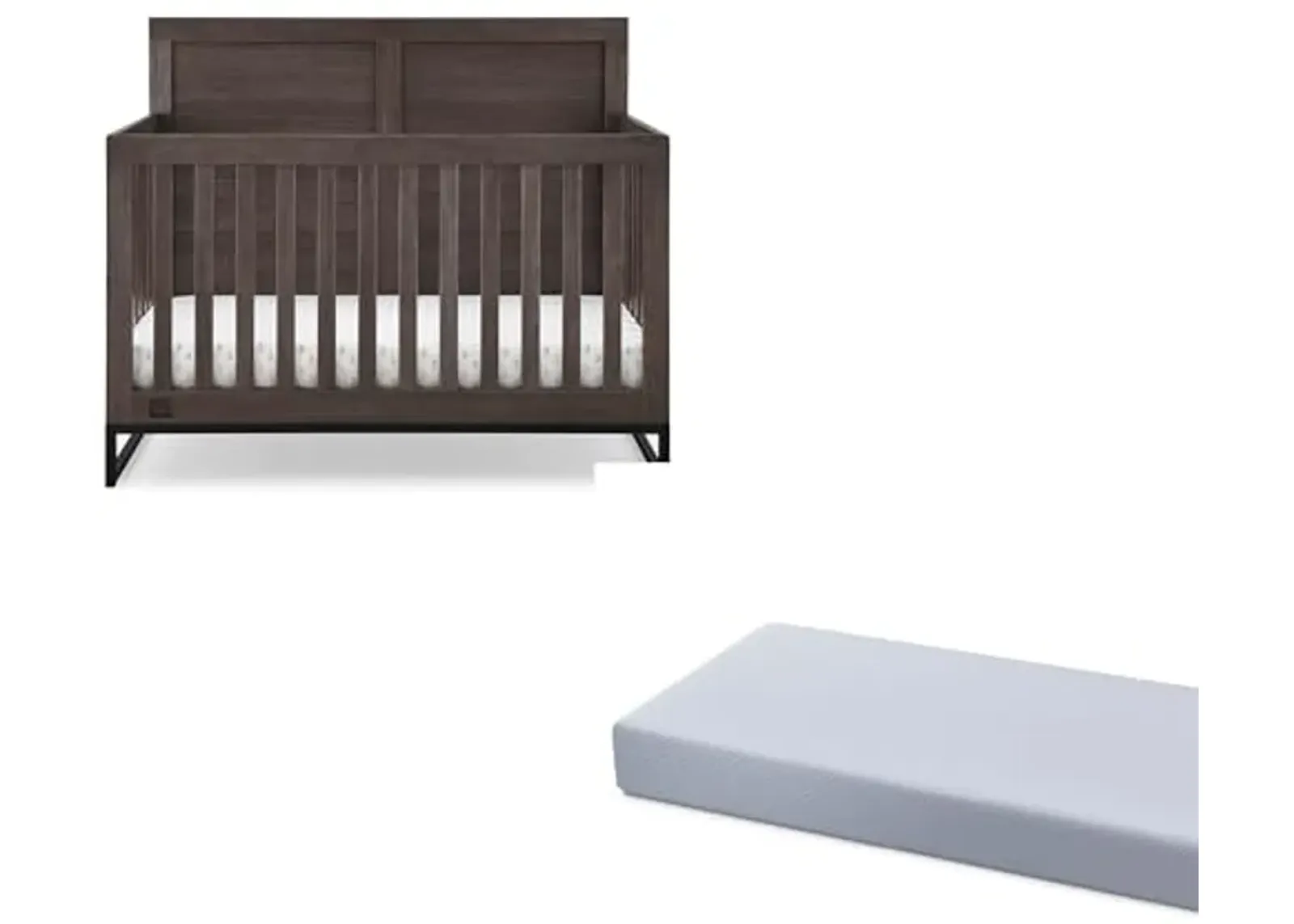 Simmons Kids Foundry 6-in-1 Convertible Baby Crib, Rustic Grey with Matte Black + Quiet Nights Breathable Crib Mattress with Removable/Machine Washable Cover (Bundle)