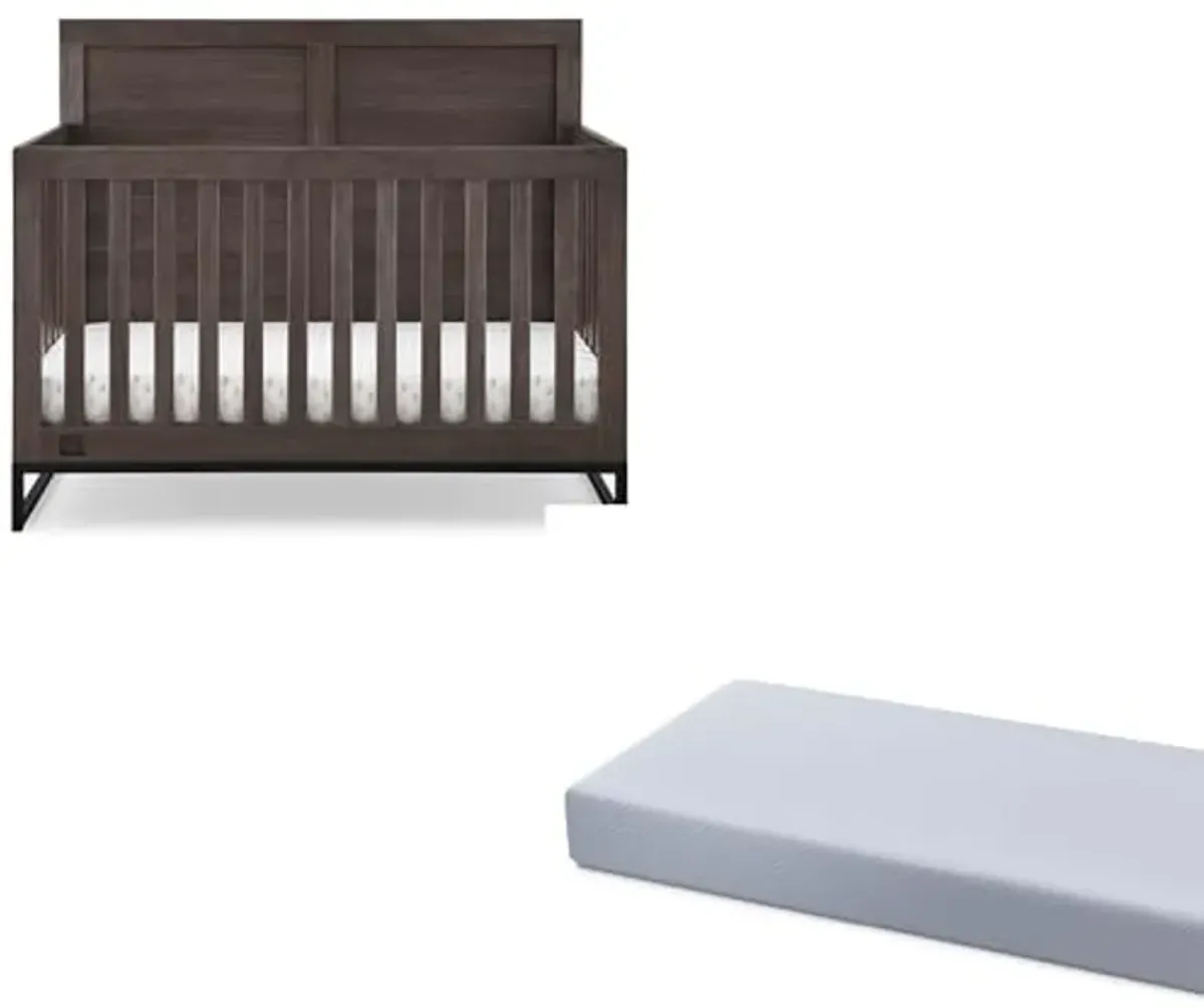 Simmons Kids Foundry 6-in-1 Convertible Baby Crib, Rustic Grey with Matte Black + Quiet Nights Breathable Crib Mattress with Removable/Machine Washable Cover (Bundle)