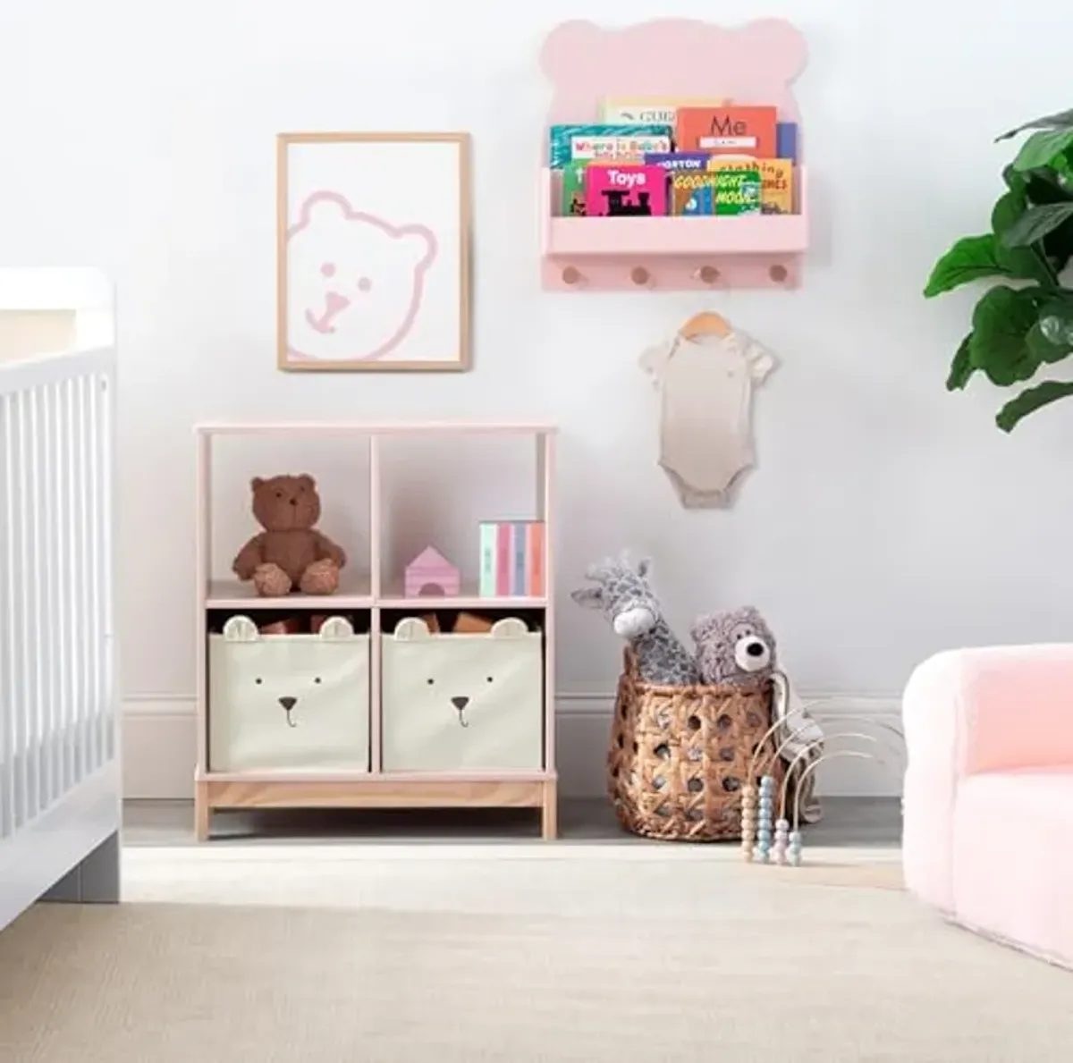 Delta Children babyGap Graham 4-in-1 Convertible Crib with Storage Drawer + Brannan Bear Bookcase with Bins + Brannan Bear Wall Shelf with 4 Hooks, Blush Pink/Dark Pink (Bundle)