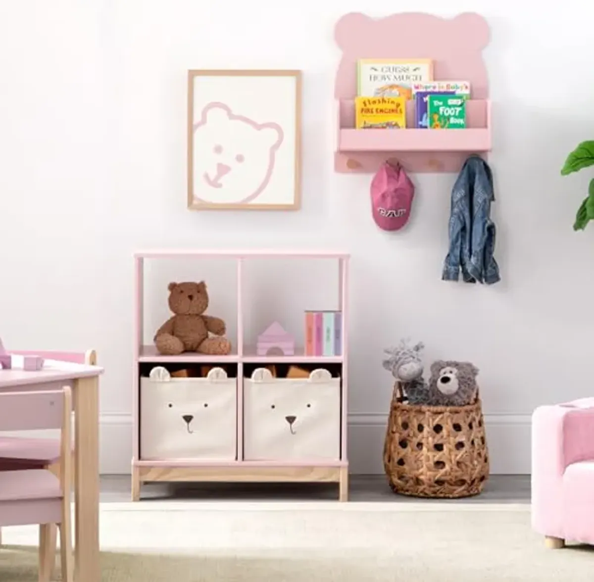 Delta Children babyGap Graham 4-in-1 Convertible Crib with Storage Drawer + Brannan Bear Bookcase with Bins + Brannan Bear Wall Shelf with 4 Hooks, Blush Pink/Dark Pink (Bundle)