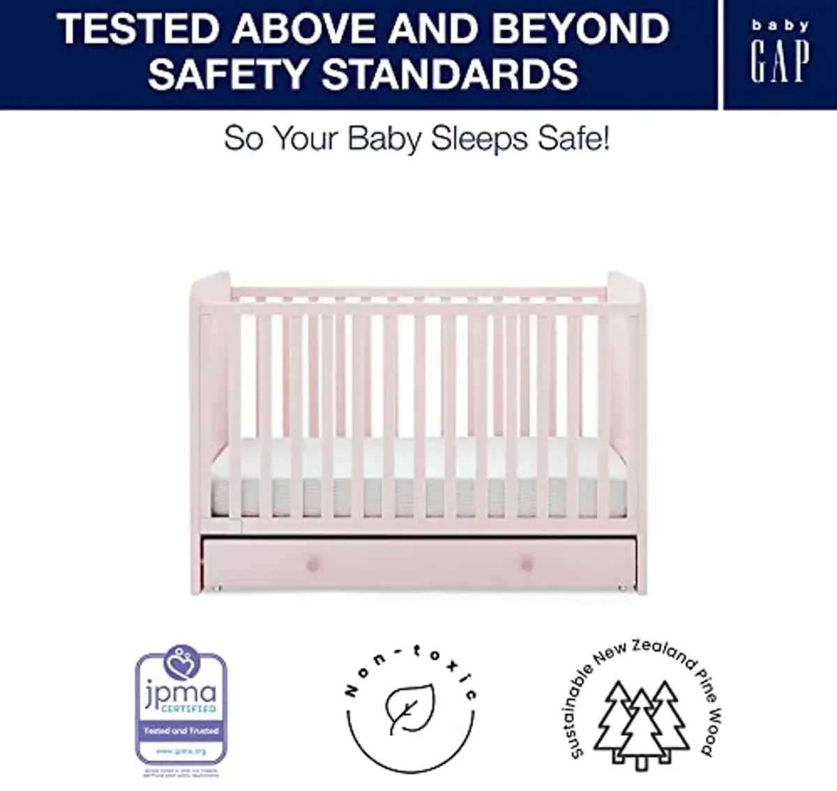 Delta Children babyGap Graham 4-in-1 Convertible Crib with Storage Drawer + Brannan Bear Bookcase with Bins + Brannan Bear Wall Shelf with 4 Hooks, Blush Pink/Dark Pink (Bundle)