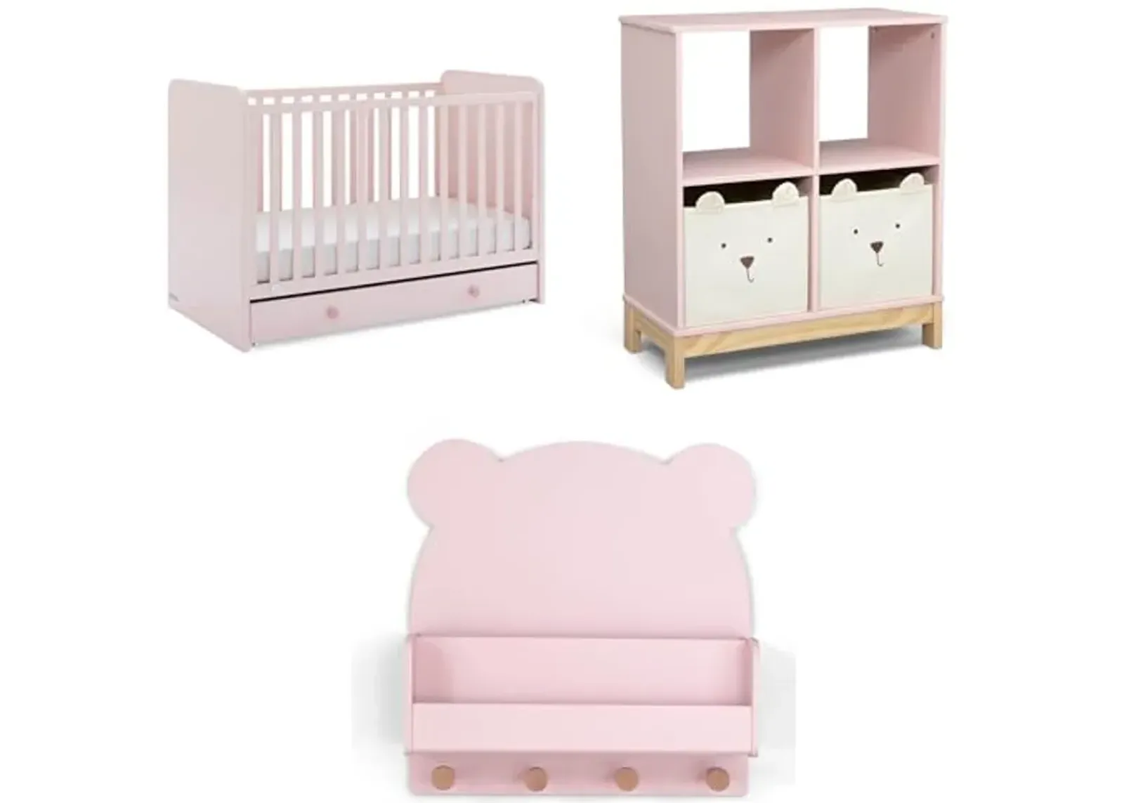 Delta Children babyGap Graham 4-in-1 Convertible Crib with Storage Drawer + Brannan Bear Bookcase with Bins + Brannan Bear Wall Shelf with 4 Hooks, Blush Pink/Dark Pink (Bundle)