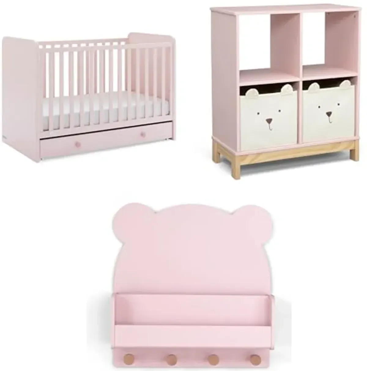 Delta Children babyGap Graham 4-in-1 Convertible Crib with Storage Drawer + Brannan Bear Bookcase with Bins + Brannan Bear Wall Shelf with 4 Hooks, Blush Pink/Dark Pink (Bundle)