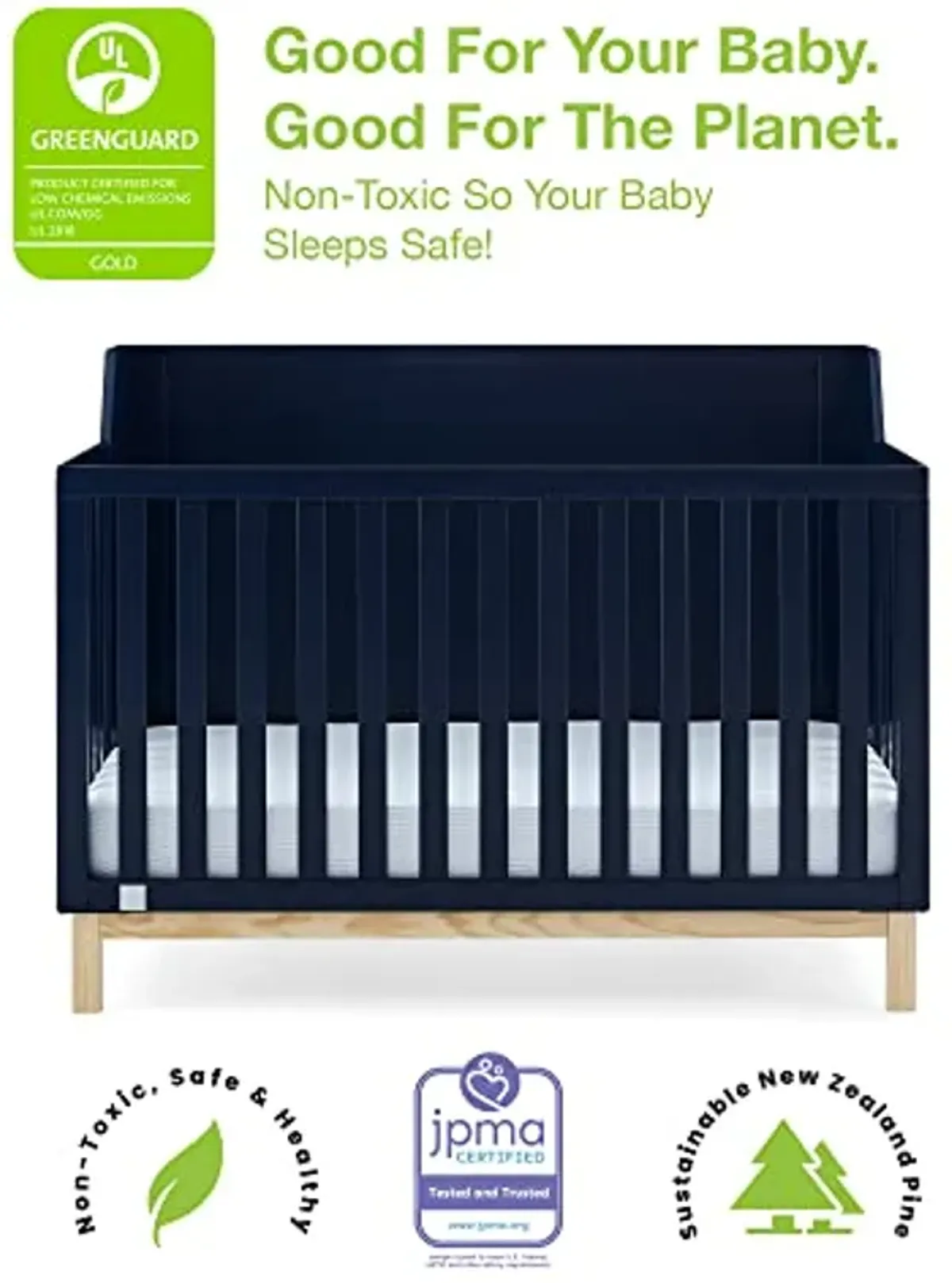 Delta Children babyGap Oxford 6-in-1 Convertible Crib + Brannan Bear Bookcase with Bins + Brannan Bear Wall Shelf with 4 Hooks, Navy/Natural (Bundle)