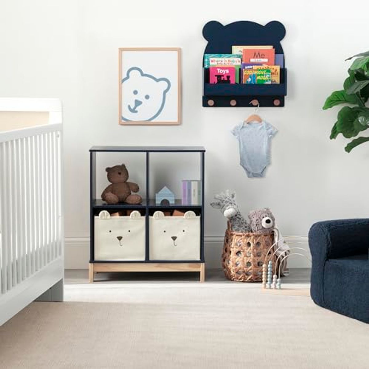 Delta Children babyGap Oxford 6-in-1 Convertible Crib + Brannan Bear Bookcase with Bins + Brannan Bear Wall Shelf with 4 Hooks, Navy/Natural (Bundle)