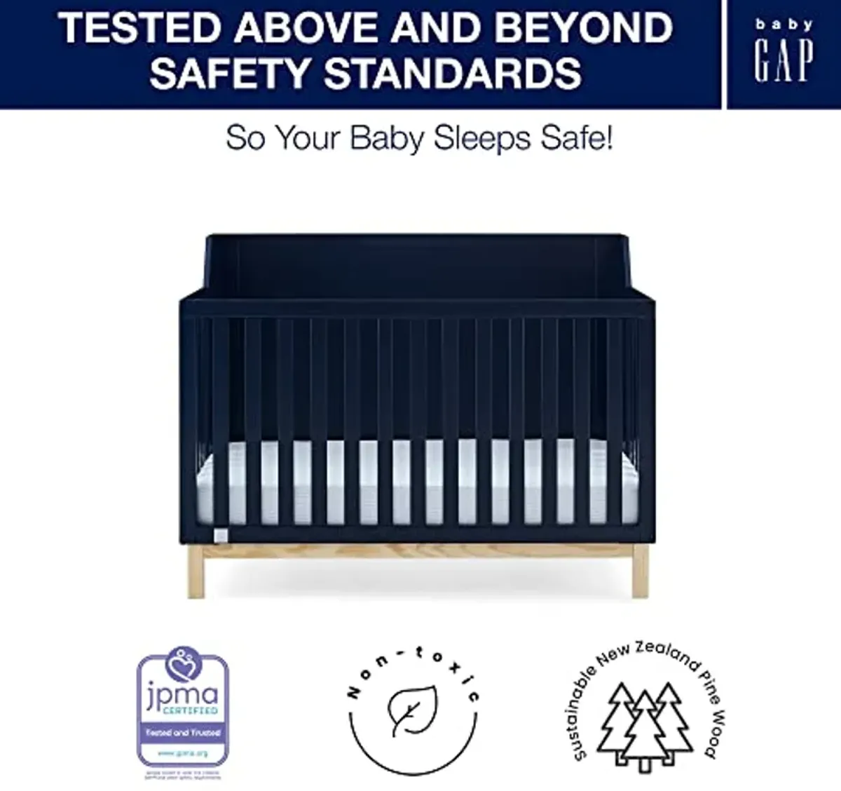 Delta Children babyGap Oxford 6-in-1 Convertible Crib + Brannan Bear Bookcase with Bins + Brannan Bear Wall Shelf with 4 Hooks, Navy/Natural (Bundle)