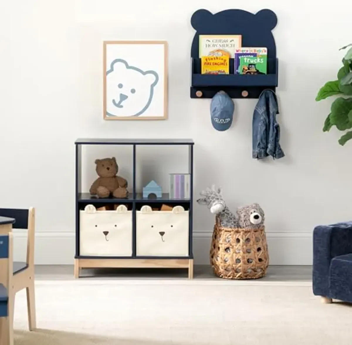 Delta Children babyGap Oxford 6-in-1 Convertible Crib + Brannan Bear Bookcase with Bins + Brannan Bear Wall Shelf with 4 Hooks, Navy/Natural (Bundle)