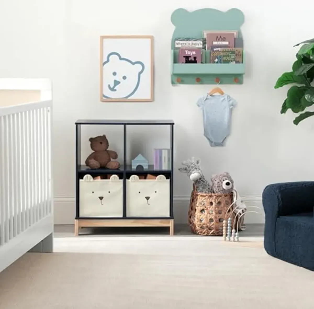 Delta Children babyGap Oxford 6-in-1 Convertible Crib + Brannan Bear Bookcase with Bins + Brannan Bear Wall Shelf with 4 Hooks, Navy/Natural (Bundle)