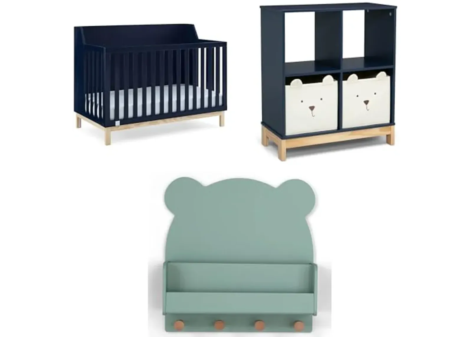 Delta Children babyGap Oxford 6-in-1 Convertible Crib + Brannan Bear Bookcase with Bins + Brannan Bear Wall Shelf with 4 Hooks, Navy/Natural (Bundle)