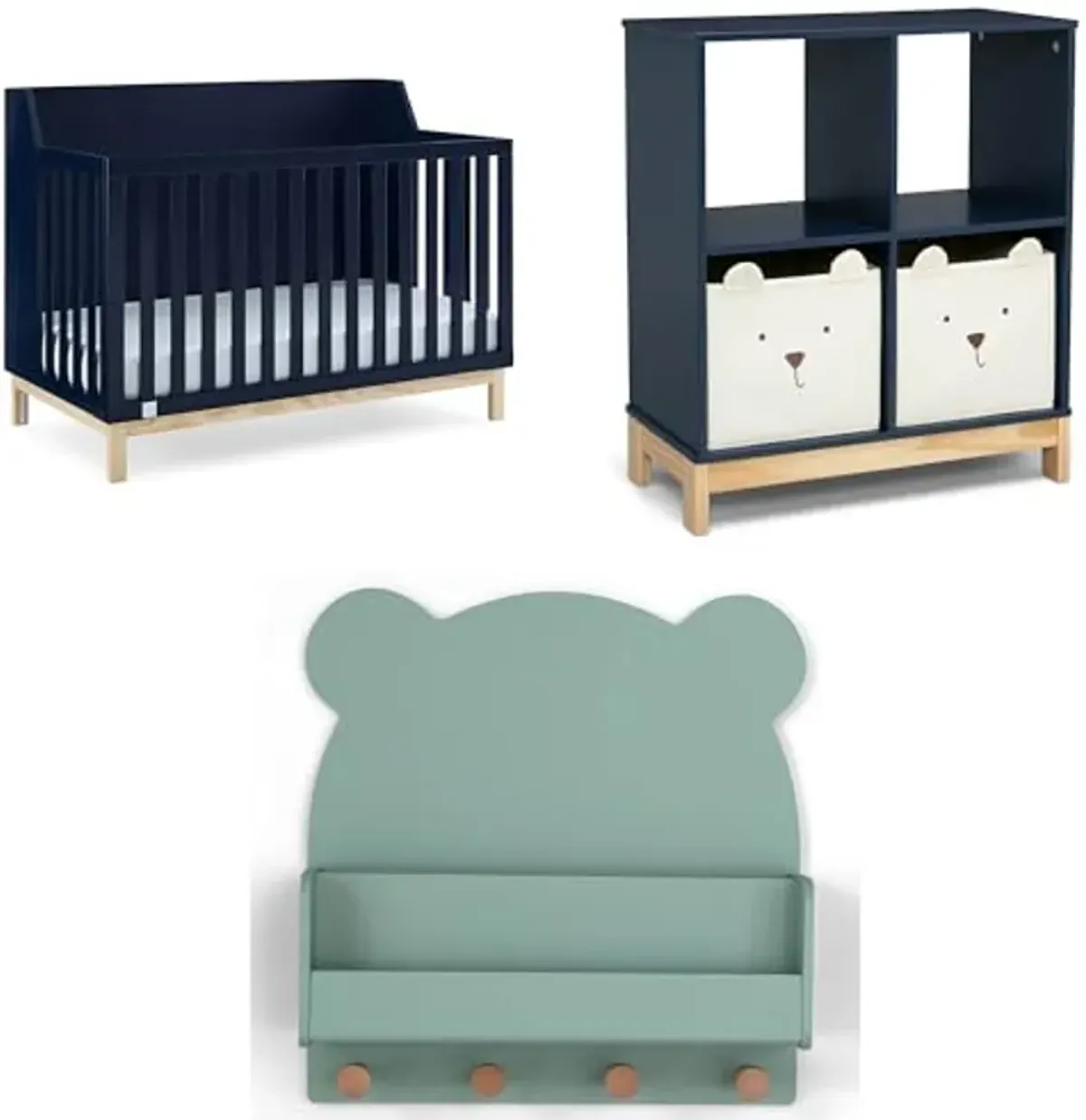 Delta Children babyGap Oxford 6-in-1 Convertible Crib + Brannan Bear Bookcase with Bins + Brannan Bear Wall Shelf with 4 Hooks, Navy/Natural (Bundle)