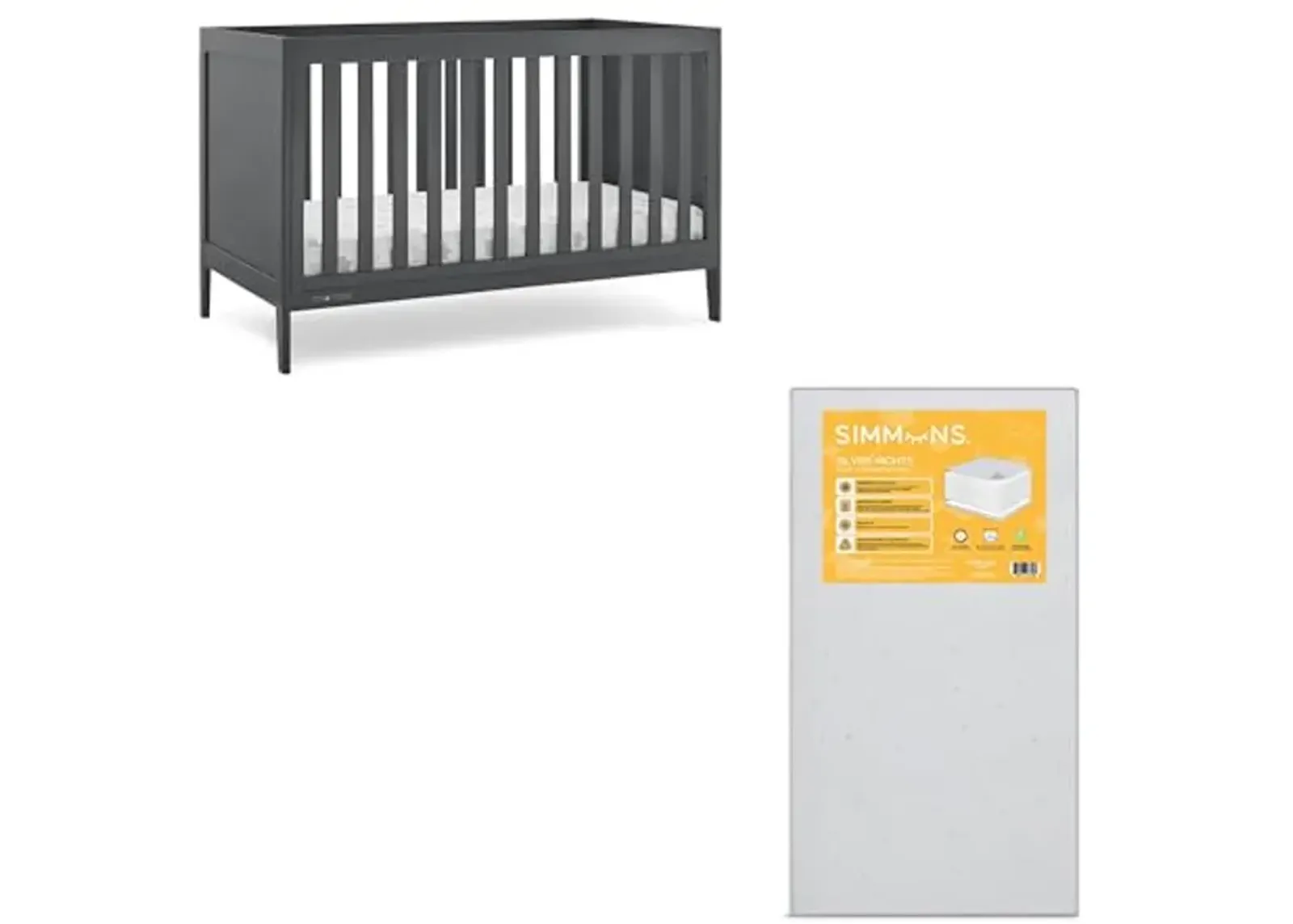 Delta Children Hayes 4-in-1 Convertible Crib, Charcoal Grey + Simmons Kids Silver Nights Dual Sided 2-Stage Baby Crib Mattress (Bundle)