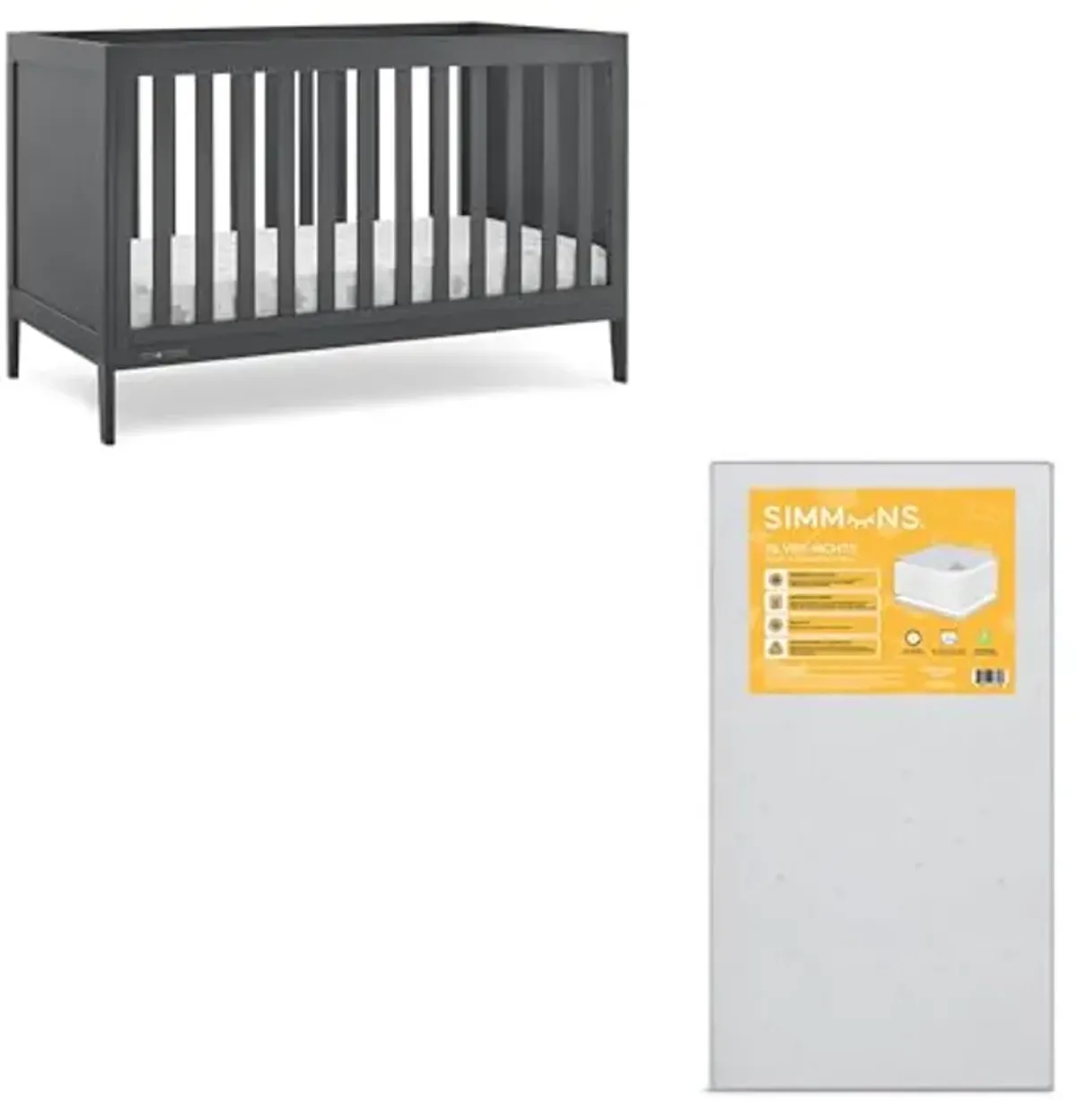 Delta Children Hayes 4-in-1 Convertible Crib, Charcoal Grey + Simmons Kids Silver Nights Dual Sided 2-Stage Baby Crib Mattress (Bundle)