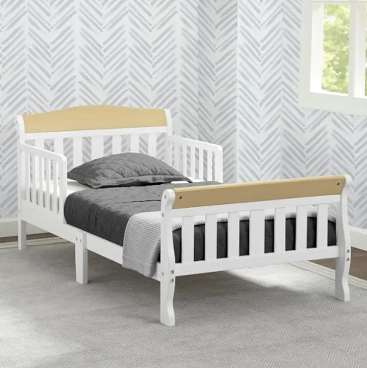 Delta Children Canton Toddler Bed, Bianca White/Natural + Twinkle Galaxy Crib and Toddler Mattress (Bundle)