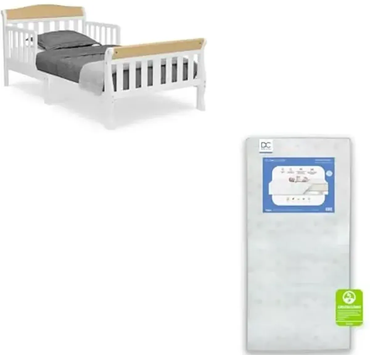 Delta Children Canton Toddler Bed, Bianca White/Natural + Twinkle Galaxy Crib and Toddler Mattress (Bundle)