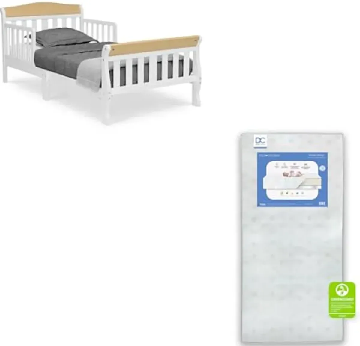 Delta Children Canton Toddler Bed, Bianca White/Natural + Twinkle Galaxy Crib and Toddler Mattress (Bundle)