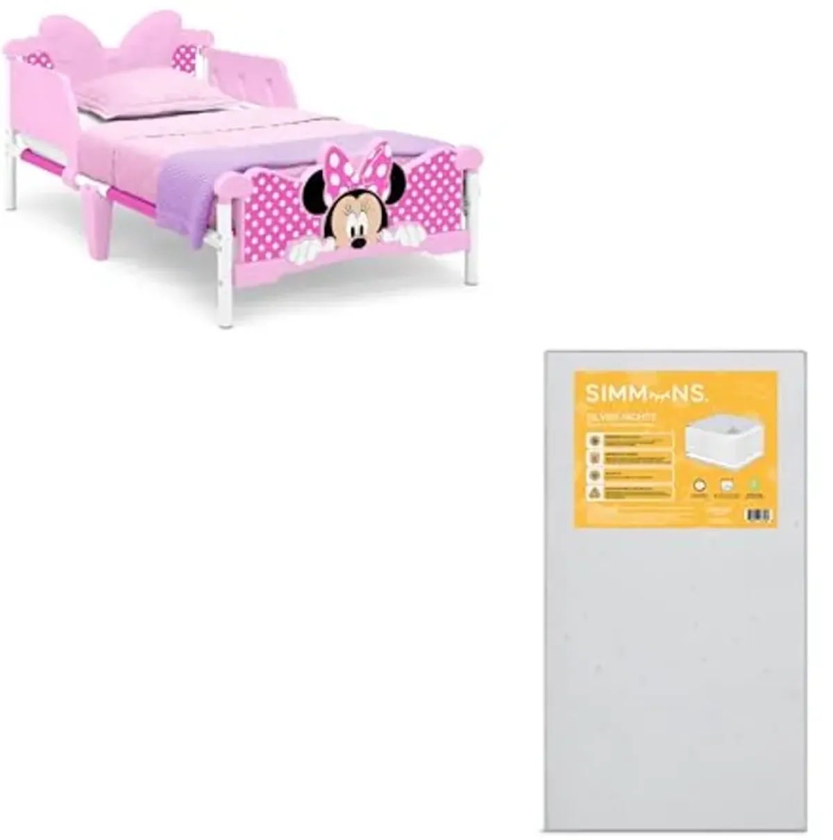 Delta Children - Minnie Mouse 3D Toddler Bed, Pink + Simmons Kids Silver Nights Dual Sided 2-Stage Baby Crib Mattress (Bundle)