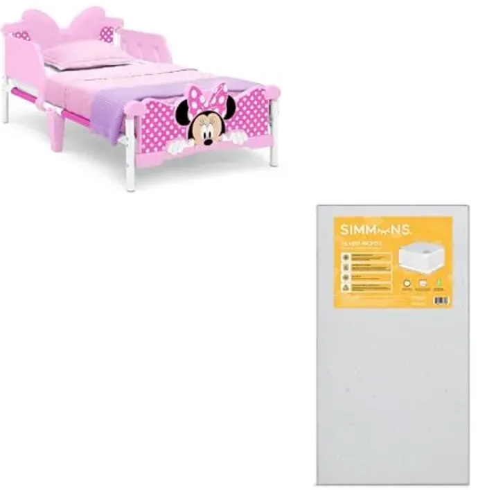 Delta Children - Minnie Mouse 3D Toddler Bed, Pink + Simmons Kids Silver Nights Dual Sided 2-Stage Baby Crib Mattress (Bundle)