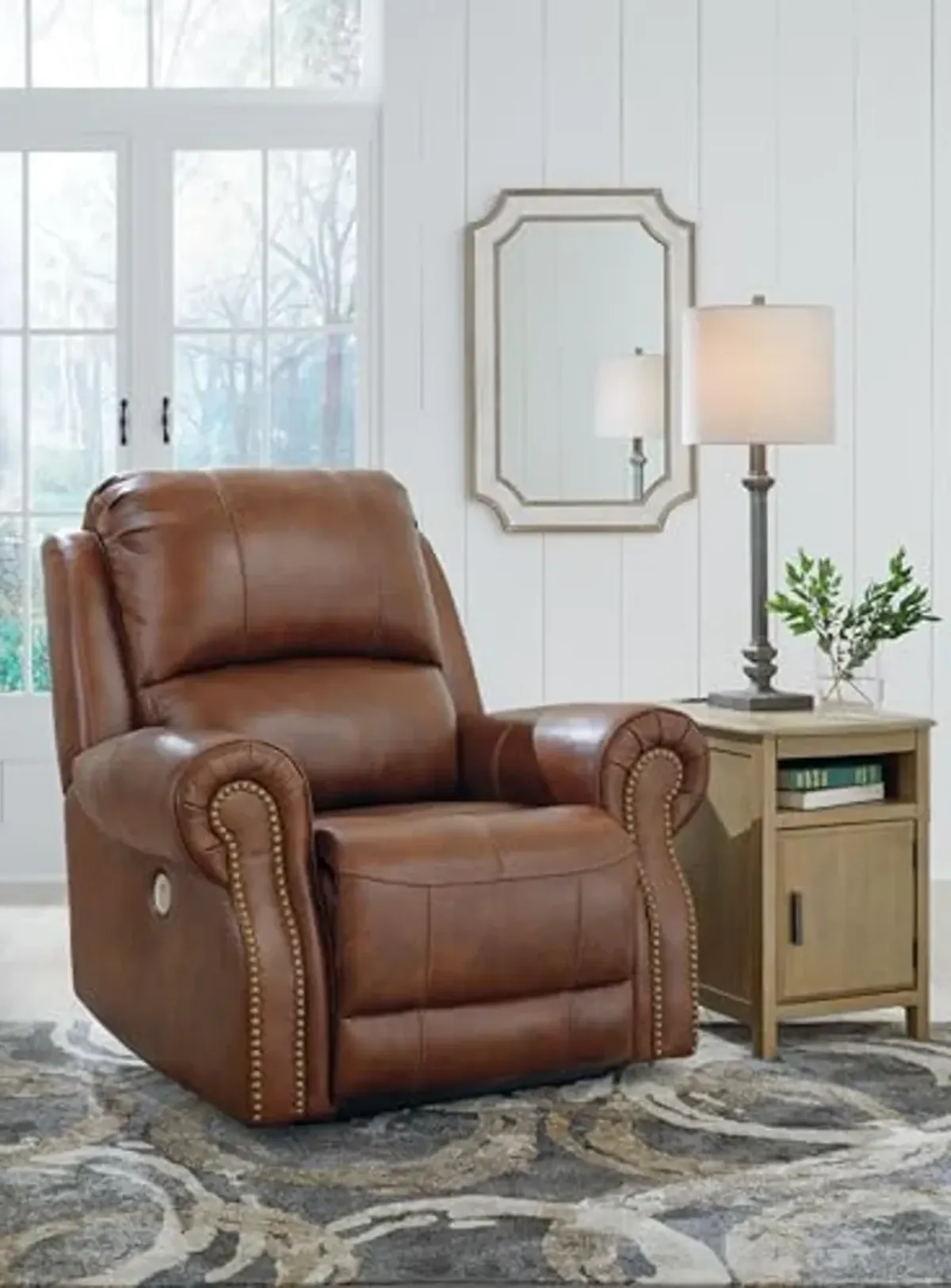 Signature Design by Ashley Freyeburg Classic Leather Match Upholstered Power Recliner with Nailheads and USB Ports, Light Brown