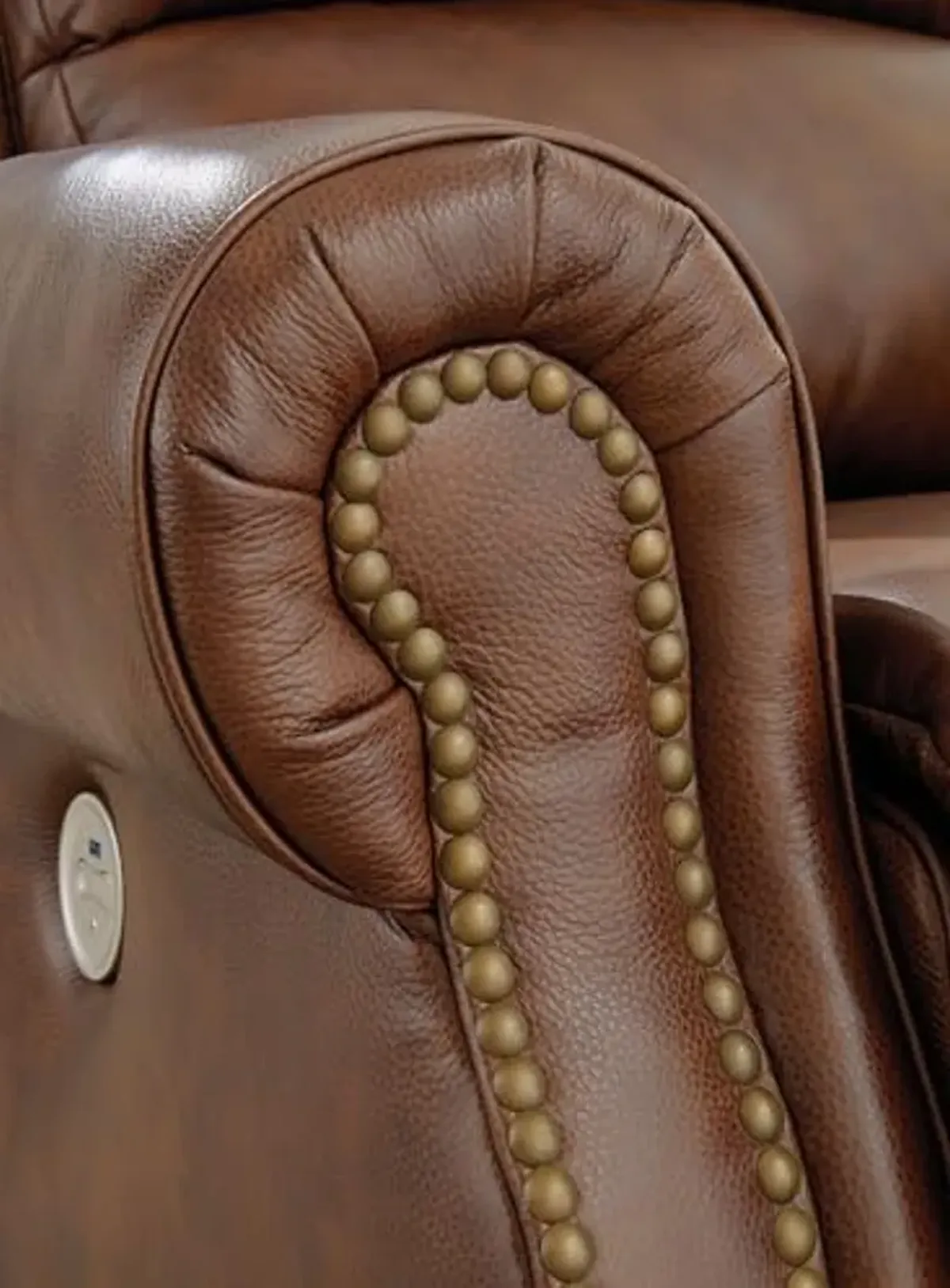 Signature Design by Ashley Freyeburg Classic Leather Match Upholstered Power Recliner with Nailheads and USB Ports, Light Brown