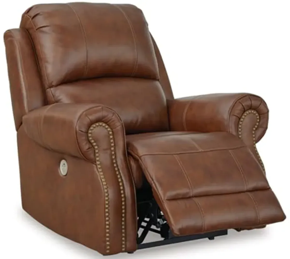 Signature Design by Ashley Freyeburg Classic Leather Match Upholstered Power Recliner with Nailheads and USB Ports, Light Brown