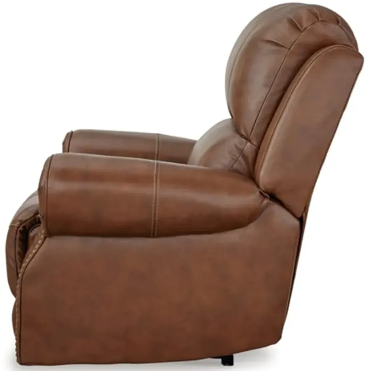 Signature Design by Ashley Freyeburg Classic Leather Match Upholstered Power Recliner with Nailheads and USB Ports, Light Brown