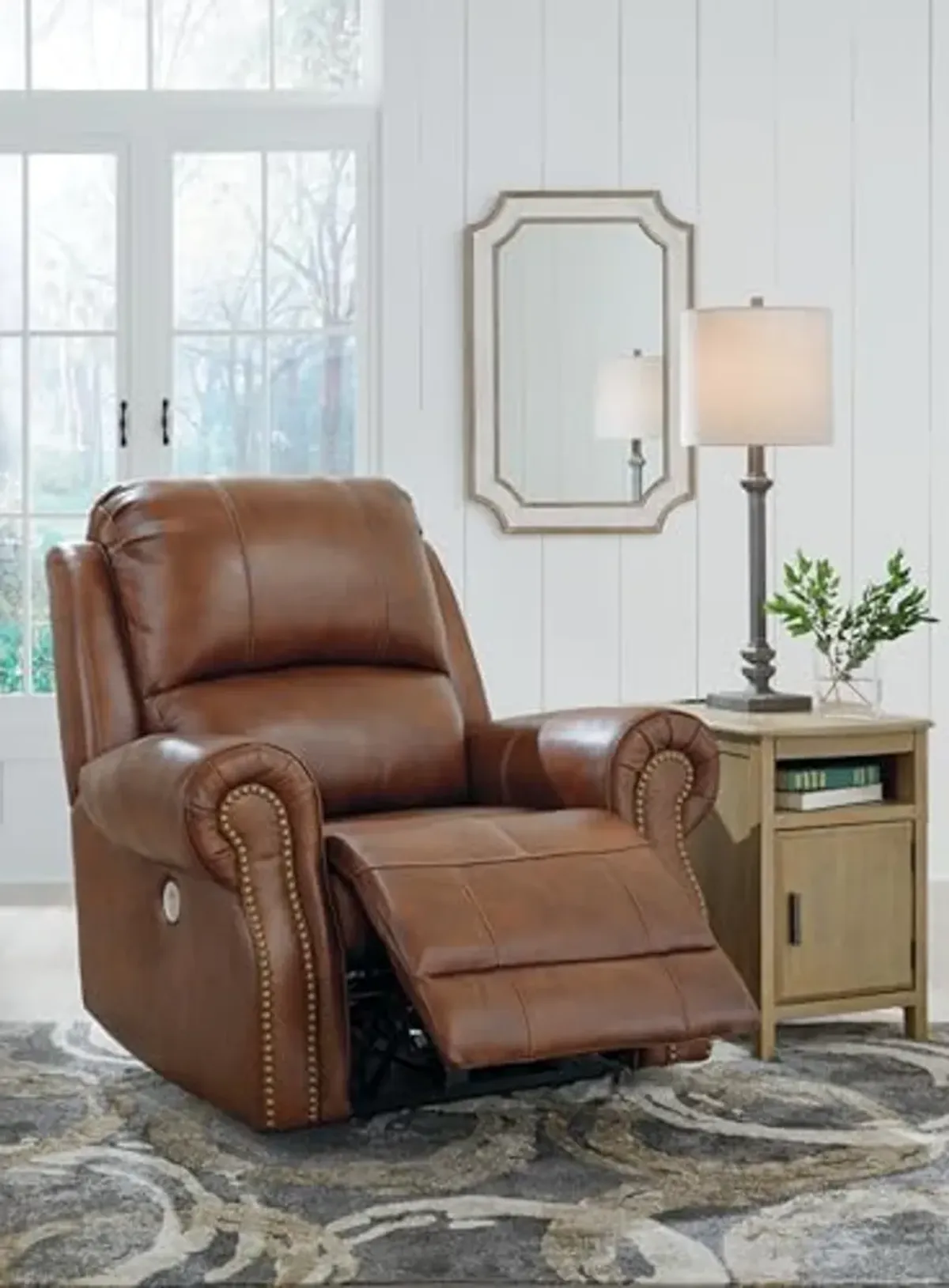 Signature Design by Ashley Freyeburg Classic Leather Match Upholstered Power Recliner with Nailheads and USB Ports, Light Brown