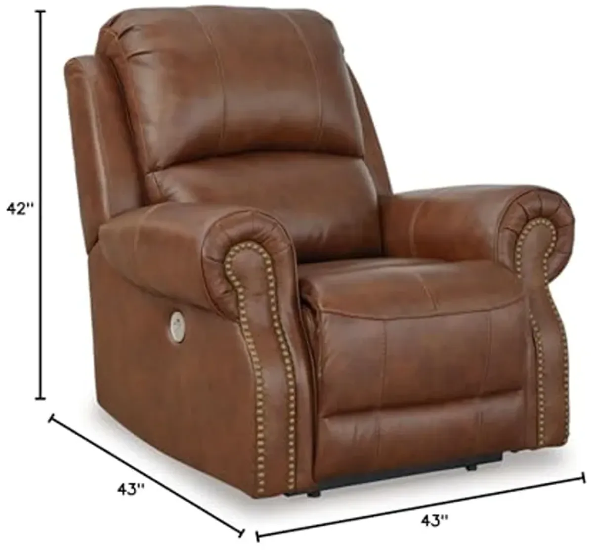 Signature Design by Ashley Freyeburg Classic Leather Match Upholstered Power Recliner with Nailheads and USB Ports, Light Brown