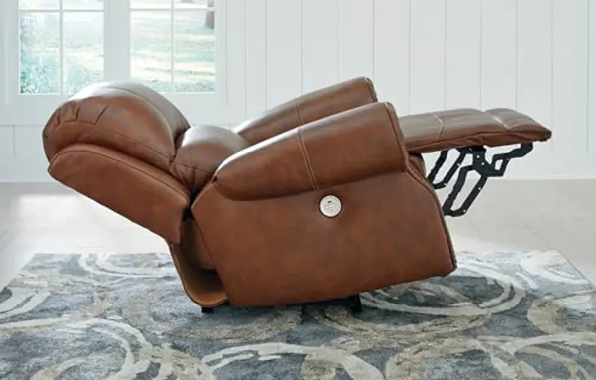 Signature Design by Ashley Freyeburg Classic Leather Match Upholstered Power Recliner with Nailheads and USB Ports, Light Brown