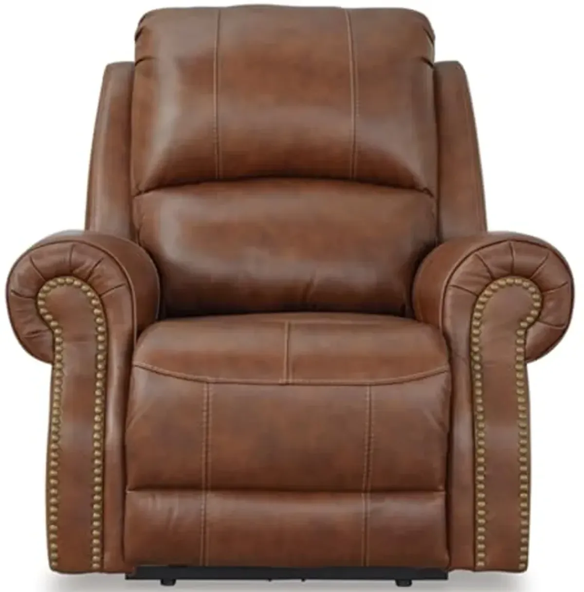 Signature Design by Ashley Freyeburg Classic Leather Match Upholstered Power Recliner with Nailheads and USB Ports, Light Brown