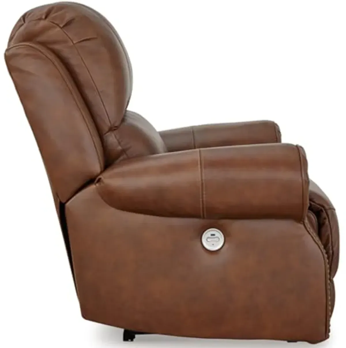 Signature Design by Ashley Freyeburg Classic Leather Match Upholstered Power Recliner with Nailheads and USB Ports, Light Brown