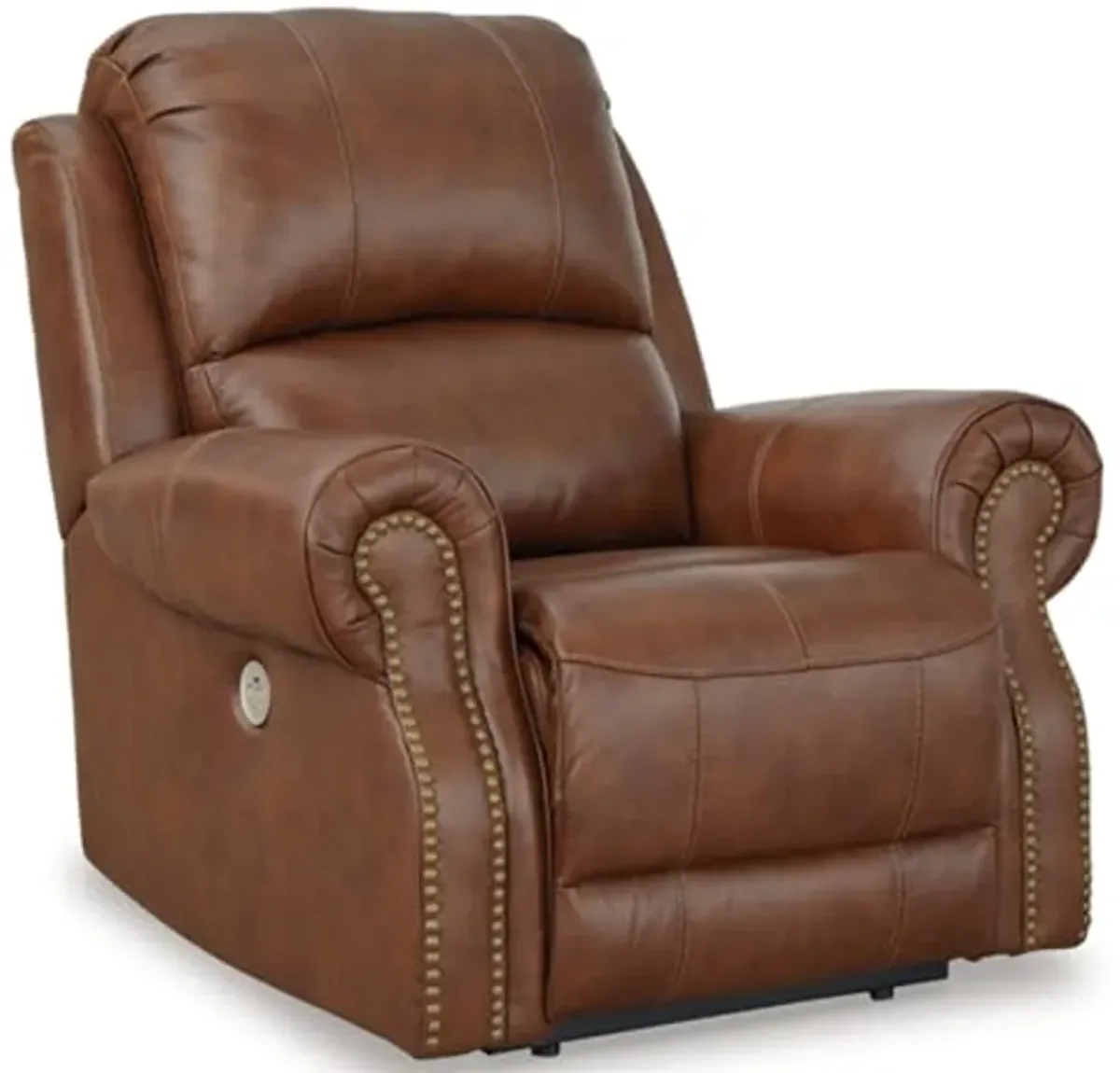 Signature Design by Ashley Freyeburg Classic Leather Match Upholstered Power Recliner with Nailheads and USB Ports, Light Brown