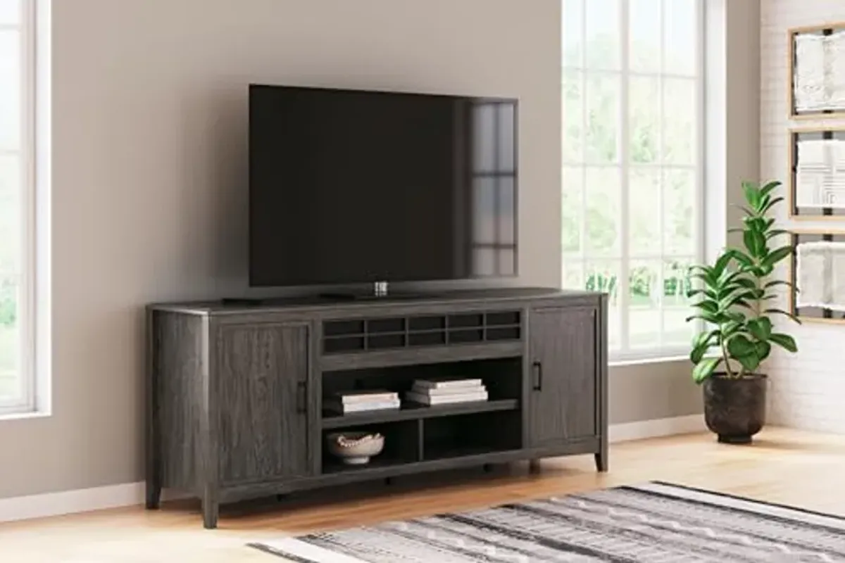 Signature Design by Ashley Montillan Modern 84" TV Stand for TVs up to 96" with Adjustable Shelves, Cabinets, Soundbar Speaker Storage, Cord Openings and Fireplace Option, Gray