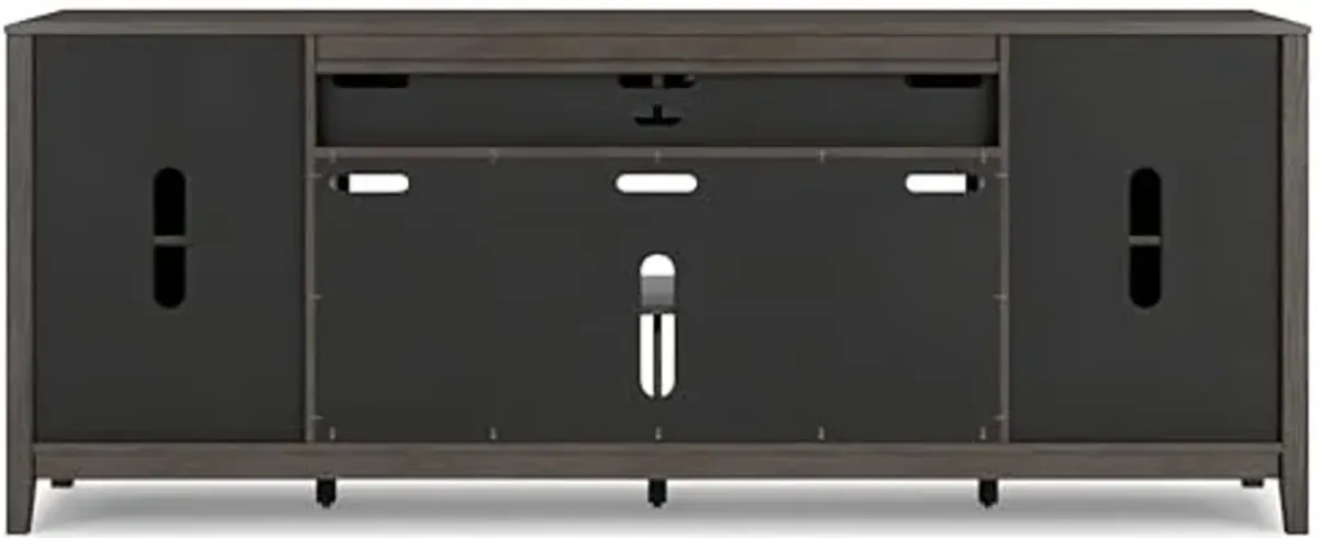 Signature Design by Ashley Montillan Modern 84" TV Stand for TVs up to 96" with Adjustable Shelves, Cabinets, Soundbar Speaker Storage, Cord Openings and Fireplace Option, Gray