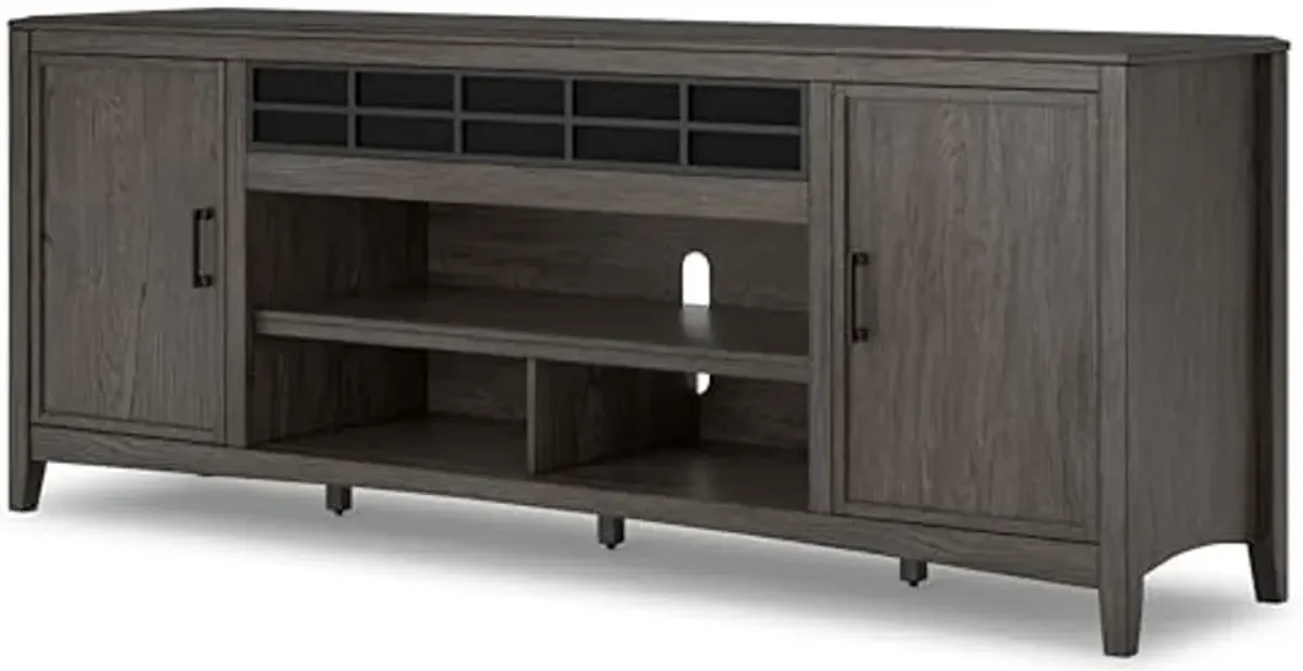 Signature Design by Ashley Montillan Modern 84" TV Stand for TVs up to 96" with Adjustable Shelves, Cabinets, Soundbar Speaker Storage, Cord Openings and Fireplace Option, Gray