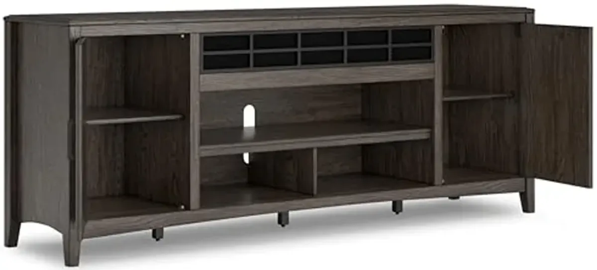 Signature Design by Ashley Montillan Modern 84" TV Stand for TVs up to 96" with Adjustable Shelves, Cabinets, Soundbar Speaker Storage, Cord Openings and Fireplace Option, Gray