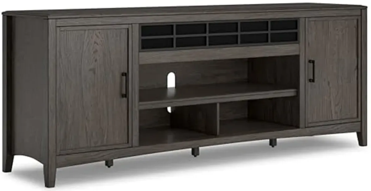 Signature Design by Ashley Montillan Modern 84" TV Stand for TVs up to 96" with Adjustable Shelves, Cabinets, Soundbar Speaker Storage, Cord Openings and Fireplace Option, Gray