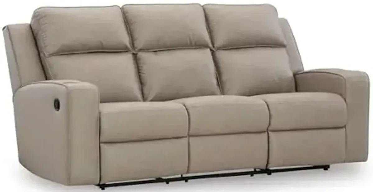 Signature Design by Ashley Lavenhorne Contemporary Faux Leather Manual Reclining Sofa with Drop Down Table, Cup Holders and USB Ports, Beige