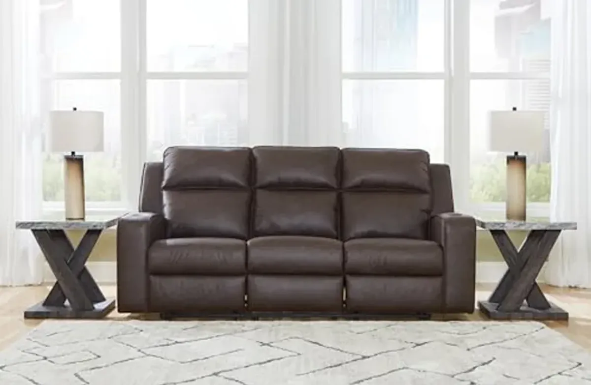 Signature Design by Ashley Lavenhorne Modern Faux Leather Manual Reclining Sofa with Drop Down Table, Cup Holders and USB Ports, Dark Brown