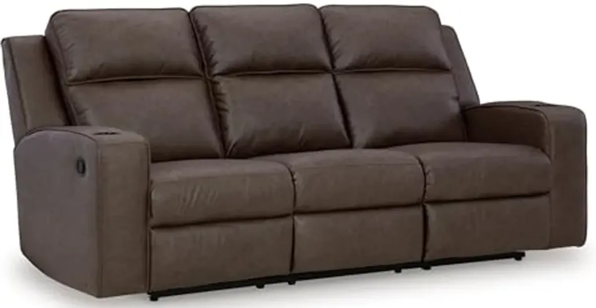 Signature Design by Ashley Lavenhorne Modern Faux Leather Manual Reclining Sofa with Drop Down Table, Cup Holders and USB Ports, Dark Brown