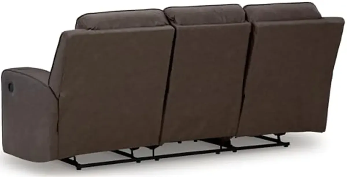 Signature Design by Ashley Lavenhorne Modern Faux Leather Manual Reclining Sofa with Drop Down Table, Cup Holders and USB Ports, Dark Brown